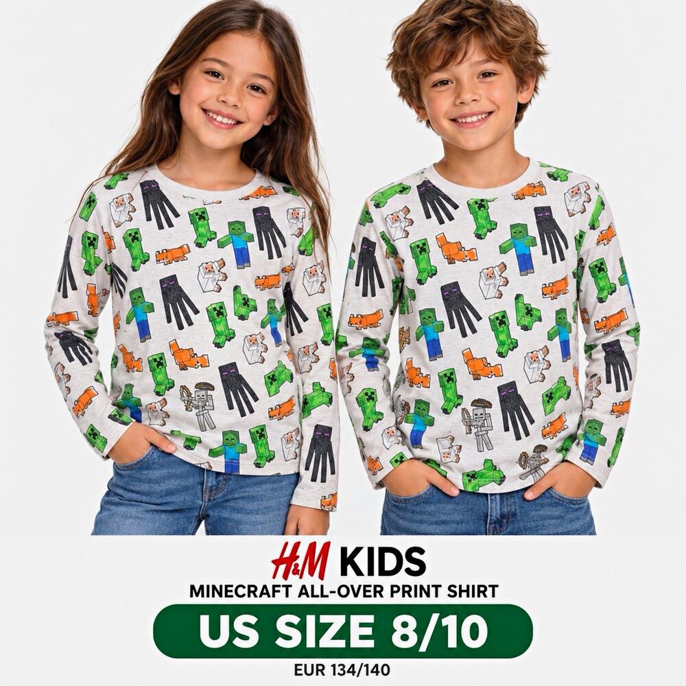 H&M Kids Minecraft All-Over Graphic Print Long Sleeve Crew Tee Cotton 8-10